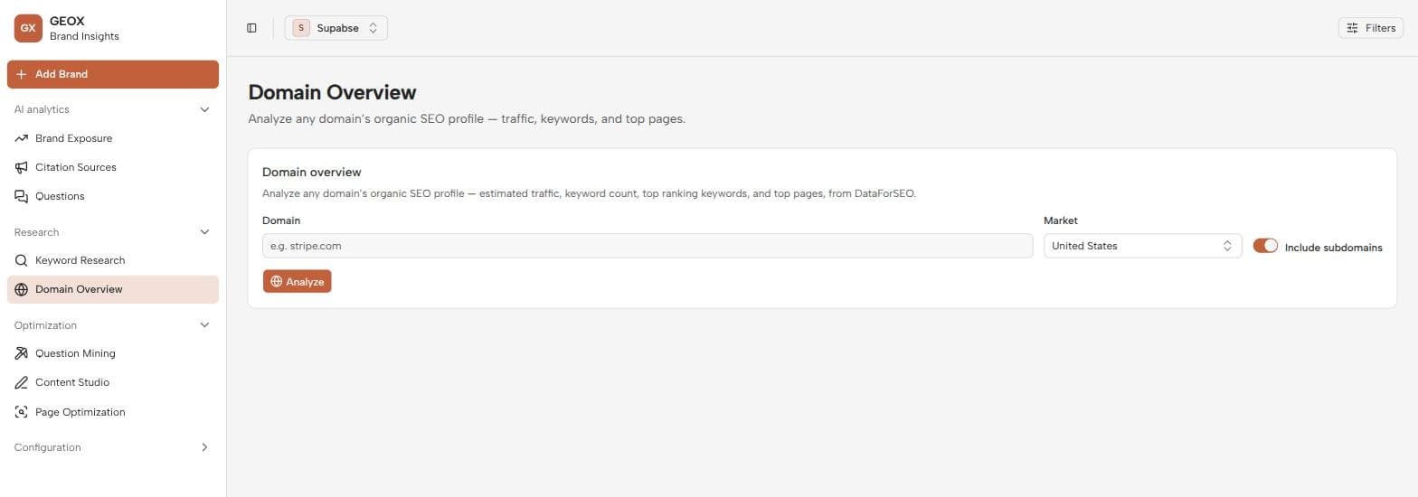The Domain Overview page with a domain input, market selector, and subdomain toggle