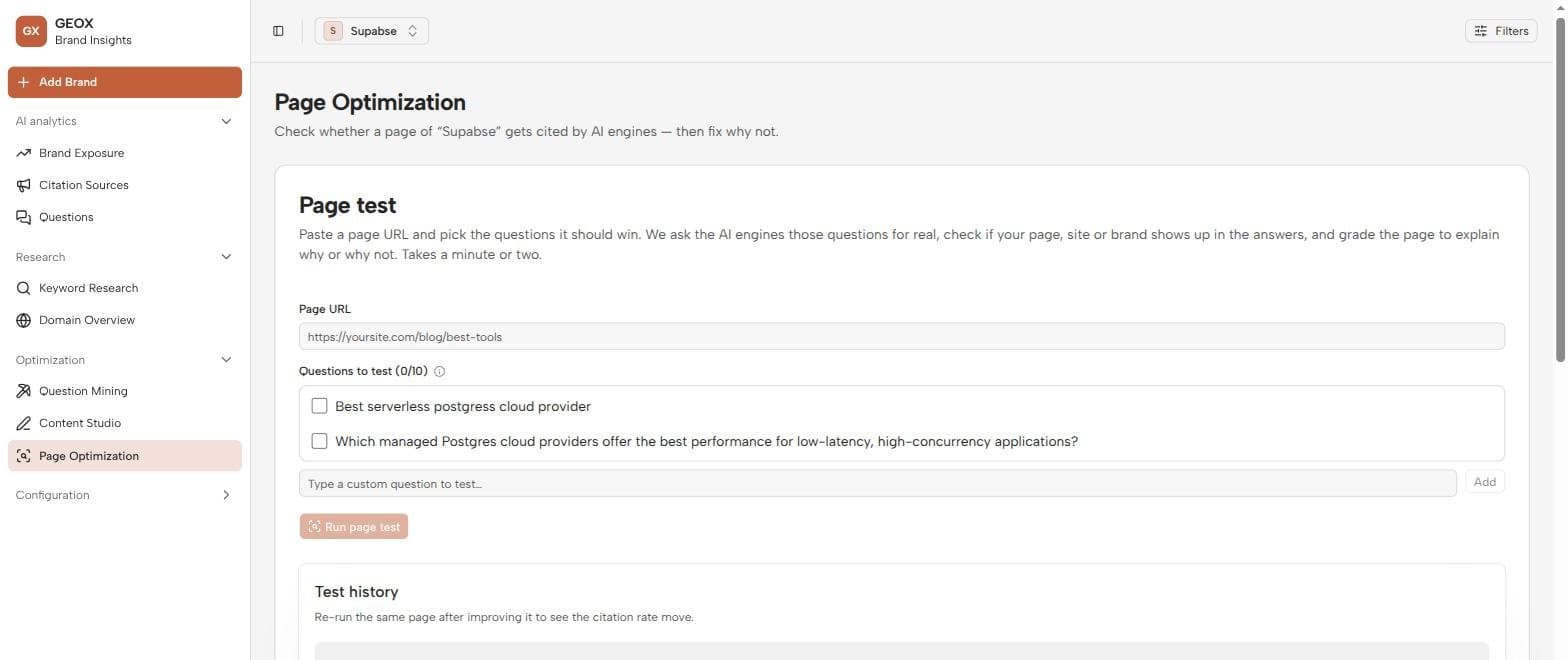The Page Optimization page: page URL input, question picker, and test history