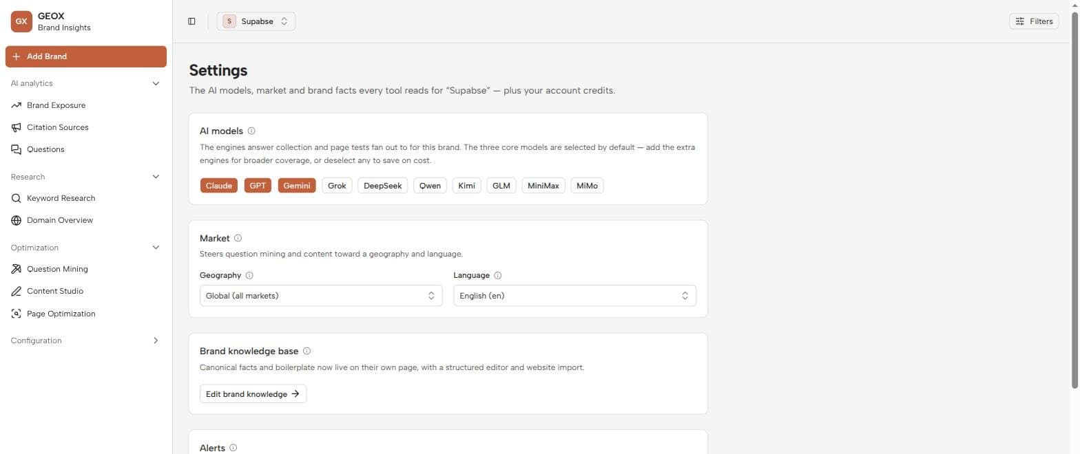 The Settings page: AI model toggles, market geography and language, knowledge base and alerts links